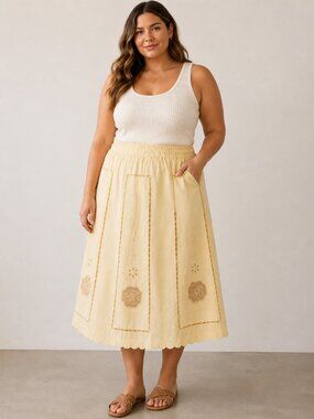 Vintage Cleopatra Buttery Yellow 100% Linen Crochet Detail Midi Skirt 3X